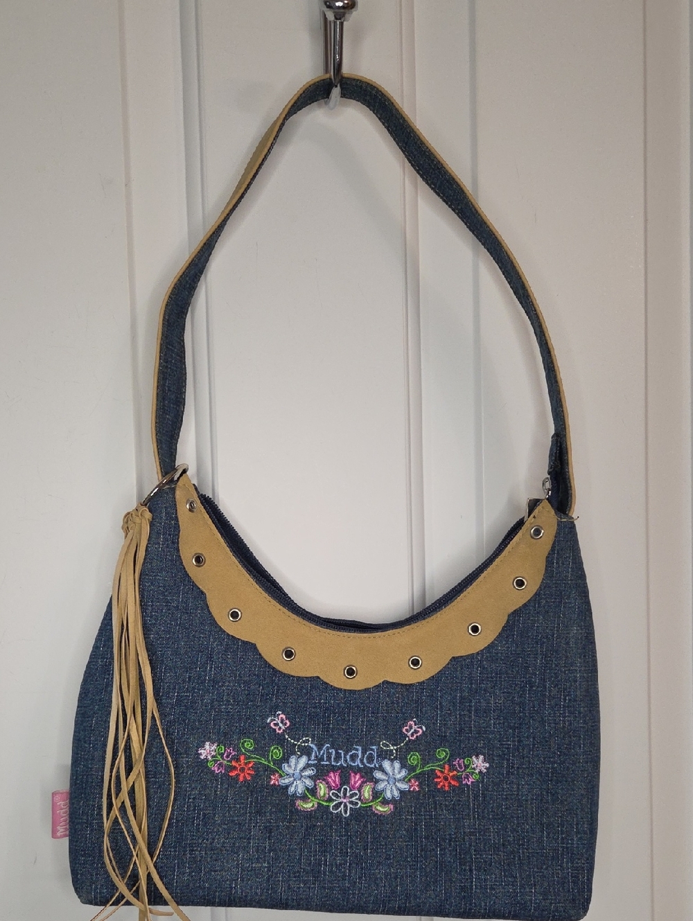 Mudd Blue Denim Shoulder Bag with Tan Trim and Multicolor Floral Embroidery